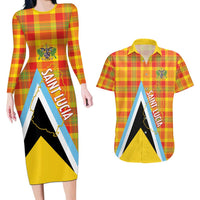 Saint Lucia Creole Day Couples Matching Long Sleeve Bodycon Dress and Hawaiian Shirt Bon Fete Jounen Kweyol Madras Pattern - Wonder Print Shop