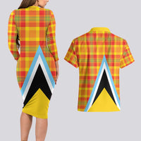 Saint Lucia Creole Day Couples Matching Long Sleeve Bodycon Dress and Hawaiian Shirt Bon Fete Jounen Kweyol Madras Pattern - Wonder Print Shop