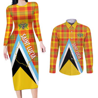 Saint Lucia Creole Day Couples Matching Long Sleeve Bodycon Dress and Long Sleeve Button Shirt Bon Fete Jounen Kweyol Madras Pattern - Wonder Print Shop