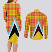 Saint Lucia Creole Day Couples Matching Long Sleeve Bodycon Dress and Long Sleeve Button Shirt Bon Fete Jounen Kweyol Madras Pattern - Wonder Print Shop