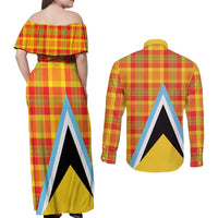 Saint Lucia Creole Day Couples Matching Off Shoulder Maxi Dress and Long Sleeve Button Shirt Bon Fete Jounen Kweyol Madras Pattern - Wonder Print Shop
