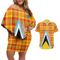 Saint Lucia Creole Day Couples Matching Off Shoulder Short Dress and Hawaiian Shirt Bon Fete Jounen Kweyol Madras Pattern - Wonder Print Shop