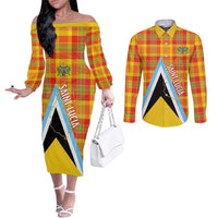 Saint Lucia Creole Day Couples Matching Off The Shoulder Long Sleeve Dress and Long Sleeve Button Shirt Bon Fete Jounen Kweyol Madras Pattern - Wonder Print Shop