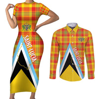 Saint Lucia Creole Day Couples Matching Short Sleeve Bodycon Dress and Long Sleeve Button Shirt Bon Fete Jounen Kweyol Madras Pattern - Wonder Print Shop