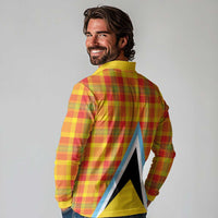 Saint Lucia Creole Day Long Sleeve Polo Shirt Bon Fete Jounen Kweyol Madras Pattern - Wonder Print Shop