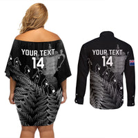 Custom New Zealand Silver Fern Rugby Couples Matching Off Shoulder Short Dress and Long Sleeve Button Shirt All Black Go Champions 2023 With Trophy Proud - Wonder Print Shop