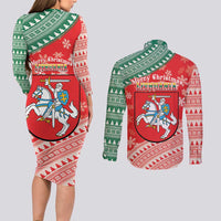 Lietuva Christmas Couples Matching Long Sleeve Bodycon Dress and Long Sleeve Button Shirt Linksmu Kaledu - Lithuania Coat Of Arms - Wonder Print Shop