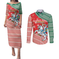 Lietuva Christmas Couples Matching Puletasi and Long Sleeve Button Shirt Linksmu Kaledu - Lithuania Coat Of Arms - Wonder Print Shop