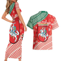 Lietuva Christmas Couples Matching Short Sleeve Bodycon Dress and Hawaiian Shirt Linksmu Kaledu - Lithuania Coat Of Arms - Wonder Print Shop