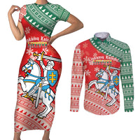 Lietuva Christmas Couples Matching Short Sleeve Bodycon Dress and Long Sleeve Button Shirt Linksmu Kaledu - Lithuania Coat Of Arms - Wonder Print Shop