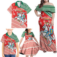 Lietuva Christmas Family Matching Off Shoulder Maxi Dress and Hawaiian Shirt Linksmu Kaledu - Lithuania Coat Of Arms - Wonder Print Shop