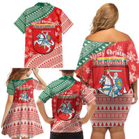Lietuva Christmas Family Matching Off Shoulder Short Dress and Hawaiian Shirt Linksmu Kaledu - Lithuania Coat Of Arms - Wonder Print Shop