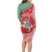 Lietuva Christmas Long Sleeve Bodycon Dress Linksmu Kaledu - Lithuania Coat Of Arms - Wonder Print Shop