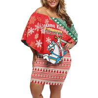 Lietuva Christmas Off Shoulder Short Dress Linksmu Kaledu - Lithuania Coat Of Arms - Wonder Print Shop