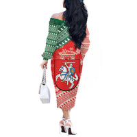 Lietuva Christmas Off The Shoulder Long Sleeve Dress Linksmu Kaledu - Lithuania Coat Of Arms - Wonder Print Shop