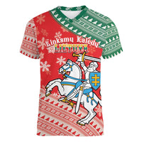 Lietuva Christmas Women V-Neck T-Shirt Linksmu Kaledu - Lithuania Coat Of Arms - Wonder Print Shop