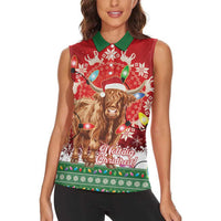 Scotland Christmas Women Sleeveless Polo Shirt Highland Cow Santa - Nollaig Chridheil! - Wonder Print Shop
