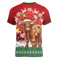 Scotland Christmas Women V-Neck T-Shirt Highland Cow Santa - Nollaig Chridheil! - Wonder Print Shop