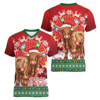 Scotland Christmas Women V-Neck T-Shirt Highland Cow Santa - Nollaig Chridheil! - Wonder Print Shop
