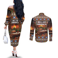 Scotland Christmas Couples Matching Off The Shoulder Long Sleeve Dress and Long Sleeve Button Shirt Merry Yule Log