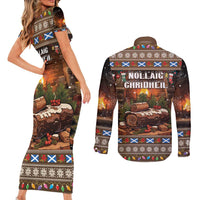 Scotland Christmas Couples Matching Short Sleeve Bodycon Dress and Long Sleeve Button Shirt Merry Yule Log - Wonder Print Shop