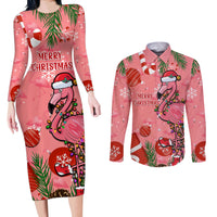 Flamingo Christmas Couples Matching Long Sleeve Bodycon Dress and Long Sleeve Button Shirt 2023 Seamless Xmas Vibes - Wonder Print Shop