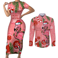 Flamingo Christmas Couples Matching Short Sleeve Bodycon Dress and Long Sleeve Button Shirt 2023 Seamless Xmas Vibes - Wonder Print Shop
