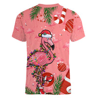 Flamingo Christmas Women V Neck T Shirt 2023 Seamless Xmas Vibes - Wonder Print Shop