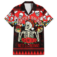 Red skull skeleton Christmas Hawaiian shirt with holiday symbols, short sleeves