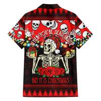Red skull skeleton Christmas Hawaiian shirt, back graphic with text and lights
