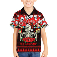 Kids red skull skeleton Christmas Hawaiian shirt, front graphic, short sleeves