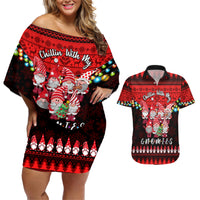 Chilling With My Gnomies Christmas Couples Matching Off Shoulder Short Dress and Hawaiian Shirt Gnomie Friend Xmas Vibes - Wonder Print Shop