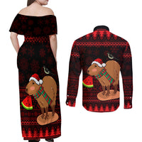 Capybara Christmas Couples Matching Off Shoulder Maxi Dress and Long Sleeve Button Shirt Merry Capymas - Wonder Print Shop