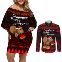 Capybara Christmas Couples Matching Off Shoulder Short Dress and Long Sleeve Button Shirt Merry Capymas - Wonder Print Shop
