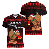 Capybara Christmas Women V Neck T Shirt Merry Capymas - Wonder Print Shop