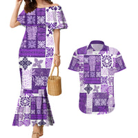 Hawaiian Quilt Couples Matching Mermaid Dress and Hawaiian Shirt Tiki Tropical Retro Purple Version - Wonder Print Shop