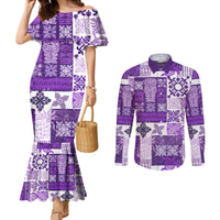 hawaiian-quilt-couples-matching-mermaid-dress-and-long-sleeve-button-shirt-tiki-tropical-retro-purple-version