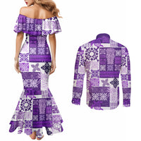 hawaiian-quilt-couples-matching-mermaid-dress-and-long-sleeve-button-shirt-tiki-tropical-retro-purple-version