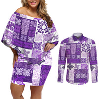 Hawaiian Quilt Couples Matching Off Shoulder Short Dress and Long Sleeve Button Shirt Tiki Tropical Retro Purple Version - Wonder Print Shop