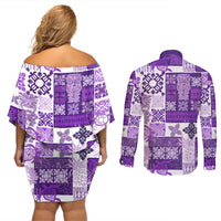 Hawaiian Quilt Couples Matching Off Shoulder Short Dress and Long Sleeve Button Shirt Tiki Tropical Retro Purple Version - Wonder Print Shop