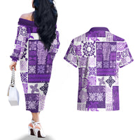 Hawaiian Quilt Couples Matching Off The Shoulder Long Sleeve Dress and Hawaiian Shirt Tiki Tropical Retro Purple Version - Wonder Print Shop
