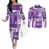 hawaiian-quilt-couples-matching-off-the-shoulder-long-sleeve-dress-and-long-sleeve-button-shirt-tiki-tropical-retro-purple-version