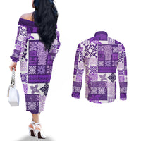 hawaiian-quilt-couples-matching-off-the-shoulder-long-sleeve-dress-and-long-sleeve-button-shirt-tiki-tropical-retro-purple-version