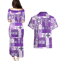 Hawaiian Quilt Couples Matching Puletasi Dress and Hawaiian Shirt Tiki Tropical Retro Purple Version - Wonder Print Shop