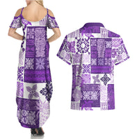 Hawaiian Quilt Couples Matching Summer Maxi Dress and Hawaiian Shirt Tiki Tropical Retro Purple Version - Wonder Print Shop