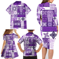 Hawaiian Quilt Family Matching Long Sleeve Bodycon Dress and Hawaiian Shirt Tiki Tropical Retro Purple Version - Wonder Print Shop
