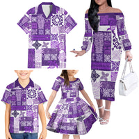 Hawaiian Quilt Family Matching Off Shoulder Long Sleeve Dress and Hawaiian Shirt Tiki Tropical Retro Purple Version - Wonder Print Shop