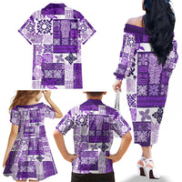 Hawaiian Quilt Family Matching Off Shoulder Long Sleeve Dress and Hawaiian Shirt Tiki Tropical Retro Purple Version - Wonder Print Shop