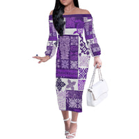 Hawaiian Quilt Family Matching Off Shoulder Long Sleeve Dress and Hawaiian Shirt Tiki Tropical Retro Purple Version - Wonder Print Shop
