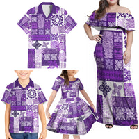 Hawaiian Quilt Family Matching Off Shoulder Maxi Dress and Hawaiian Shirt Tiki Tropical Retro Purple Version - Wonder Print Shop